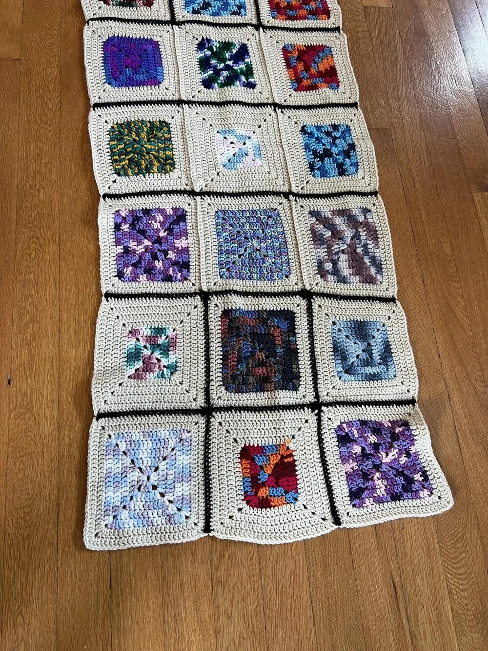 Handmade Crochet Granny Square Afghan Blanket Lap Throw Multicolor Beige Boho
